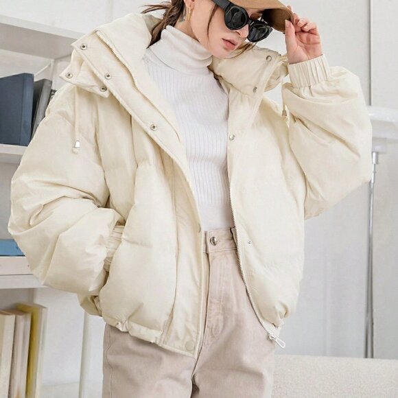 Beige Casual Womens Drawstring Hooded Puffer Coat - Picture 5 of 5